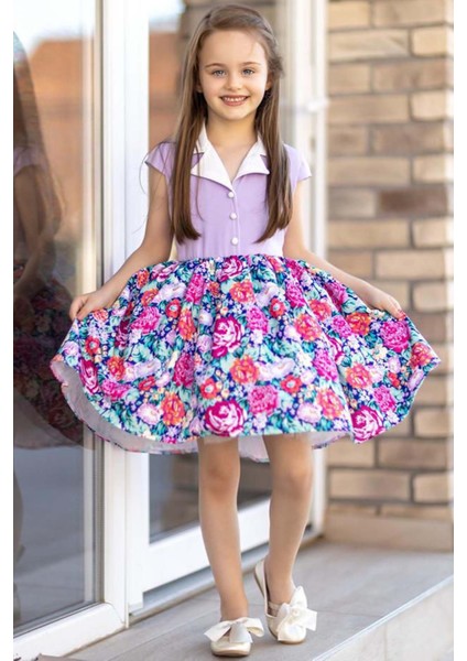 Kız Çocuk Gömlek Yaka Çiçek Baskılı Lila Elbise