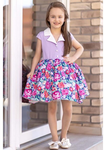 Kız Çocuk Gömlek Yaka Çiçek Baskılı Lila Elbise fiyatları
