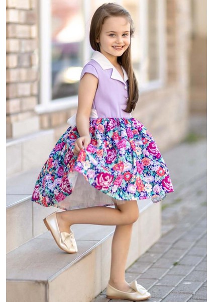 Kız Çocuk Gömlek Yaka Çiçek Baskılı Lila Elbise modelleri