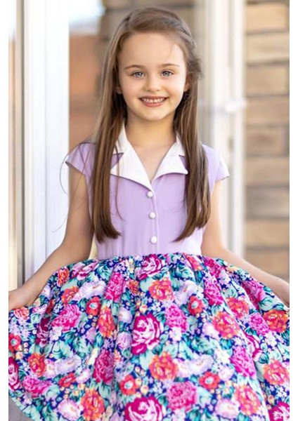 Kız Çocuk Gömlek Yaka Çiçek Baskılı Lila Elbise fırsatları