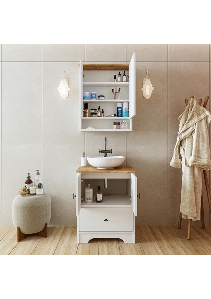 Ayaklı 2 Kapaklı Lavabolu Mat Beyaz Mdf 60 cm Çekmeceli Banyo Dolabı Aynalı Üst Dolabı fiyatları