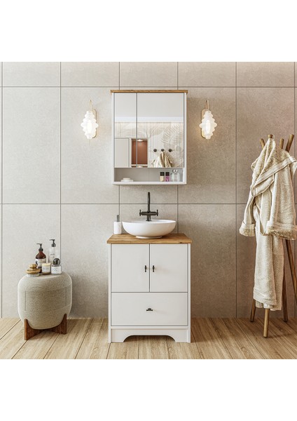 Ayaklı 2 Kapaklı Lavabolu Mat Beyaz Mdf 60 cm Çekmeceli Banyo Dolabı Aynalı Üst Dolabı