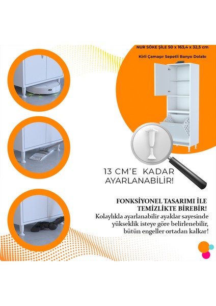 Modilayn Nur Söke Şile 45 x 163,4 x 32,5 cm 2 Kapak 3 Bölmeli Kirli Çamaşır Sepetli Banyo Dolabı