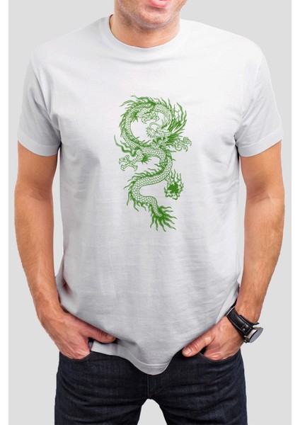 Ejderha Baskılı Beyaz Unisex T-Shirt