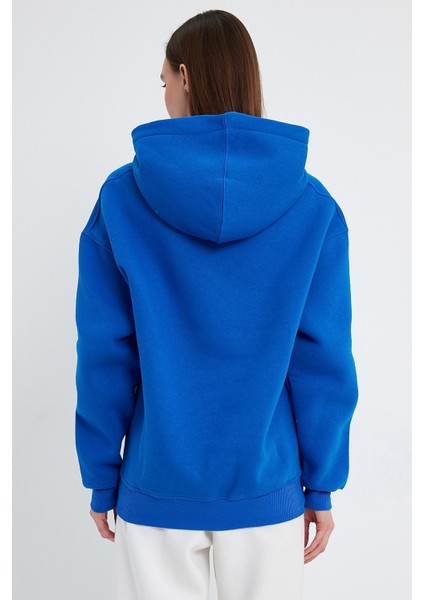 Saks Mavi Hoodie, Oversize Hoodie, Kadın Hoodie, Kanguru Cepli Kapüşonlu modelleri