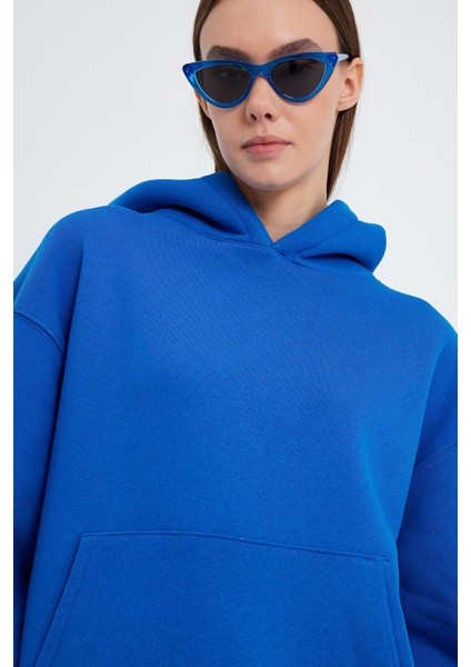 Saks Mavi Hoodie, Oversize Hoodie, Kadın Hoodie, Kanguru Cepli Kapüşonlu fırsatları