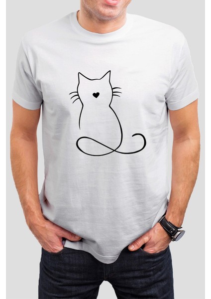 Kalp Kedi Baskılı Beyaz Unisex T-Shirt