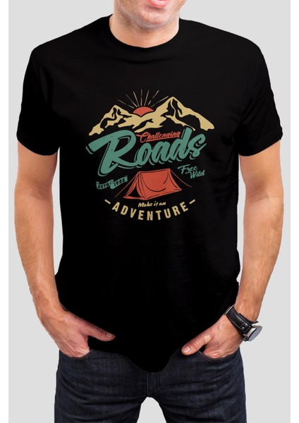 Dağ Baskılı Siyah Unisex T-Shirt