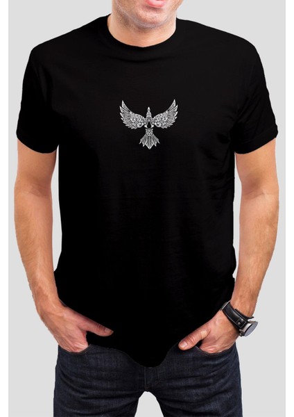Viking Kuş Baskılı Siyah Unisex T-Shirt
