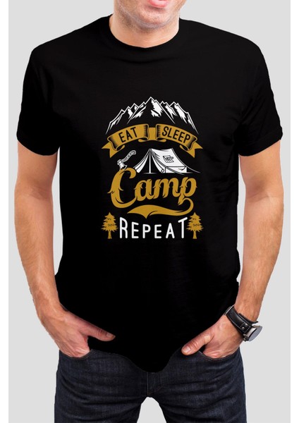 Kamp Baskılı Siyah Unisex T-Shirt