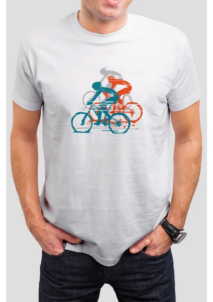 Bisiklet Baskılı Beyaz Unisex T-Shirt