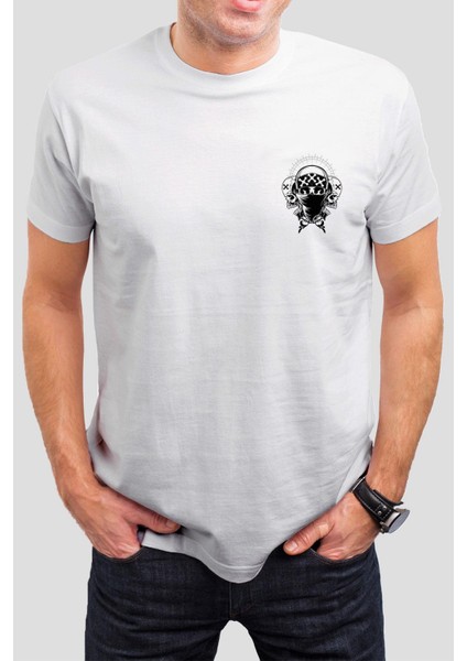 Motorcu Kuru Kafa Baskılı Beyaz Unisex T-Shirt