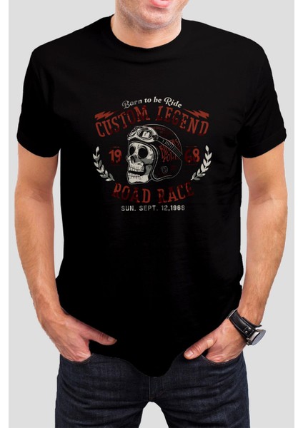 Motorcu Kuru Kafa Baskılı Siyah Unisex T-Shirt