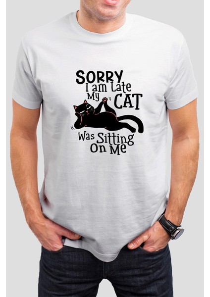 Kedi Baskılı Beyaz Unisex T-Shirt