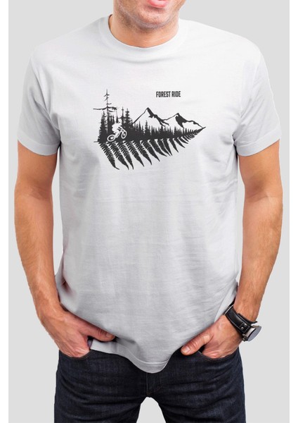 Bisiklet Baskılı Beyaz Unisex T-Shirt