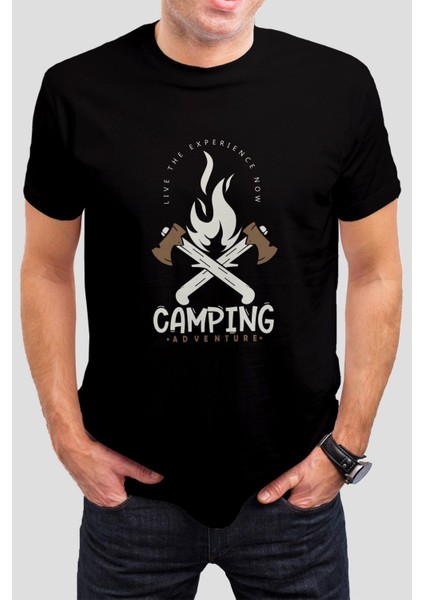 Camping Baskılı Siyah Unisex T-Shirt