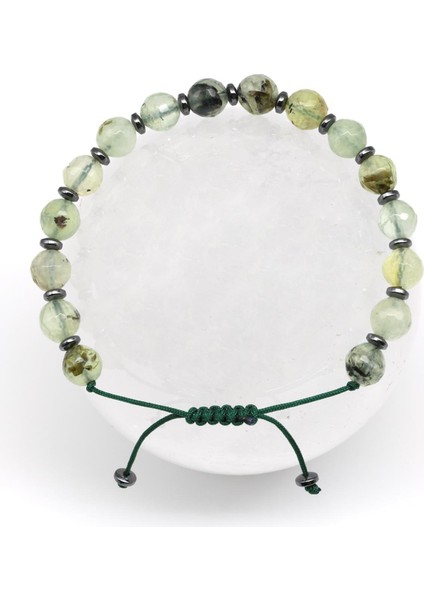 Prehnite Doğal Taş Makrome Örme Bileklik Fasetli Küre Kesim