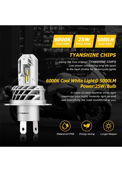 3x Motosiklet Far H4 LED 5000LM 6000K Motosiklet Işık 25W Süper Beyaz Moped Scooter Dış Aydınlatma Hi-Lo Işıkları (Yurt Dışından)