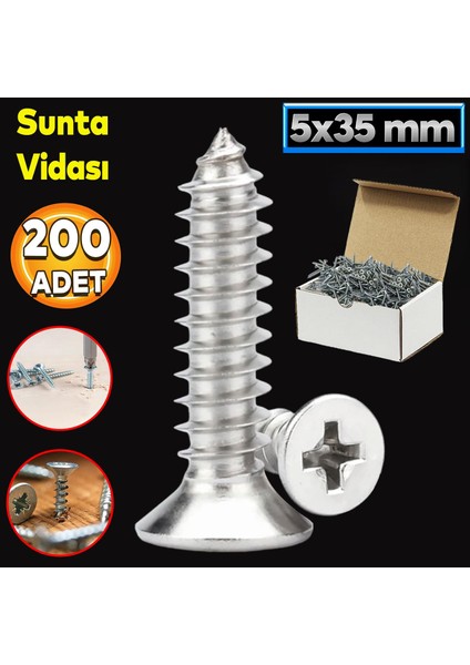 Sunta Vidası 5X35 Paket 200 Adet Sivri Uçlu Ahşap Tahta Ağaç Mobilya Ayak Kulp Vidası