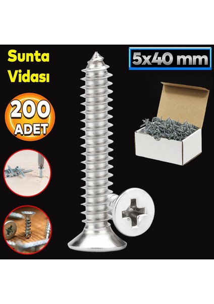Sunta Vidası 5X40 Paket 200 Adet Sivri Uçlu Ahşap Tahta Ağaç Mobilya Ayak Kulp Vidası
