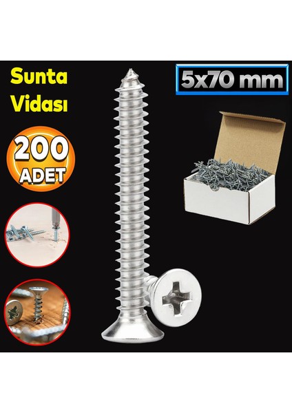 Sunta Vidası 5X70 Paket 200 Adet Sivri Uçlu Ahşap Tahta Ağaç Mobilya Ayak Kulp Vidası