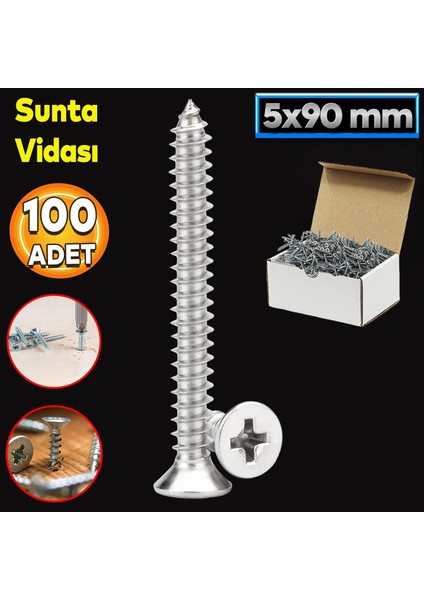 Sunta Vidası 5X90 Paket 100 Adet Sivri Uçlu Ahşap Tahta Ağaç Mobilya Ayak Kulp Vidası