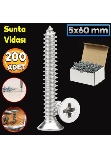 Sunta Vidası 5X60 Paket 200 Adet Sivri Uçlu Ahşap Tahta Ağaç Mobilya Ayak Kulp Vidası