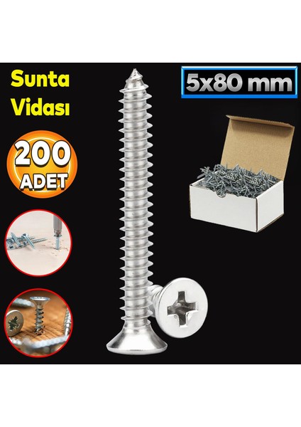 Sunta Vidası 5X80 Paket 200 Adet Sivri Uçlu Ahşap Tahta Ağaç Mobilya Ayak Kulp Vidası