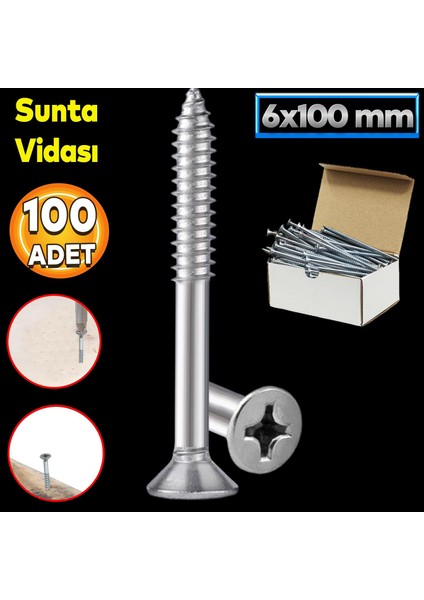 Sunta Vidası 6X100 Paket 100 Adet Sivri Uçlu Ahşap Tahta Ağaç Mobilya Ayak Kulp Vidası