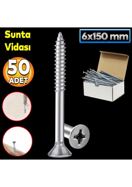 Sunta Vidası 6X150 Paket 50 Adet Sivri Uçlu Ahşap Tahta Ağaç Mobilya Ayak Kulp Vidası
