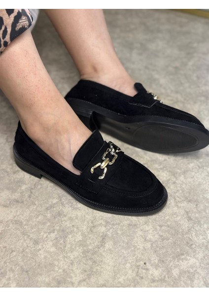 Günlük Kadın Loafer Makosen Klasik Alçak Topuklu Desenli Taban Zincirli Oval Burunlu Ayakkabı 150
