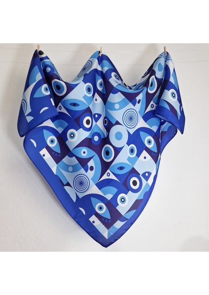 Hediyelik Mavi Fular Bandana Modern Göz Desenli