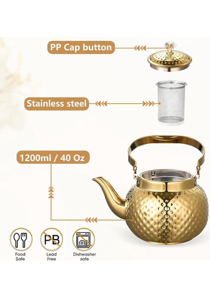 Xin Yue Zhang Paslanmaz Çelik Demlik 1,2 L, Çıkarılabilir Filtreli Su Isıtıcısı Çaydanlık-Çay Veya Diğer Çayları Filtrelemek Için, Altın (Yurt Dışından)