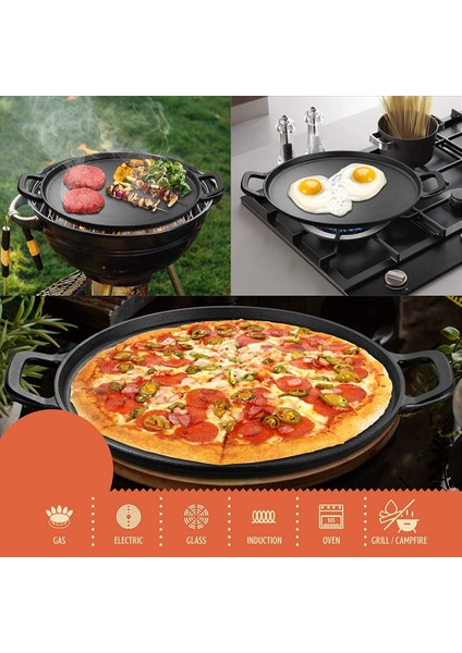Dökme Demir Pizza Tavası Çelik Pizza Ocağı, Kulplu Derin Taş Fırın Veya Gazlı Tava, 30X30CM (Yurt Dışından)