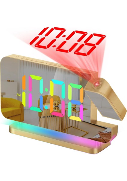 Projeksiyon Çalar Saat,7.4 Inç LED Ayna Dijital Saatler EKRANI,+180°DÖNEBILEN Projektör,gece Lambası Altın (Yurt Dışından)