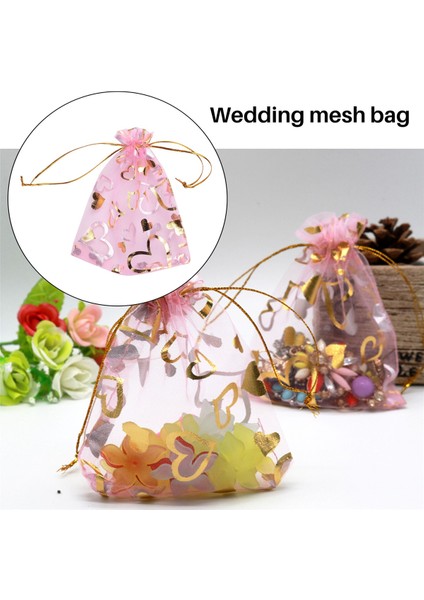 Xin Yue Zhang 100 Adet 9X12CM Kalp Baskılı Pembe Organze Çantalar Takı Kese Çanta Organze Büzgülü Torbalar Düğün Şekeri Hediye Keseleri (Yurt Dışından) indirimleri
