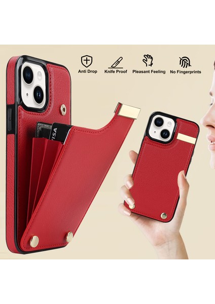 iPhone 14 Slim Fit Tpu+Pu Deri+Metal Kabuk Kart Tutucu ile Telefon Kapağı (Yurt Dışından)