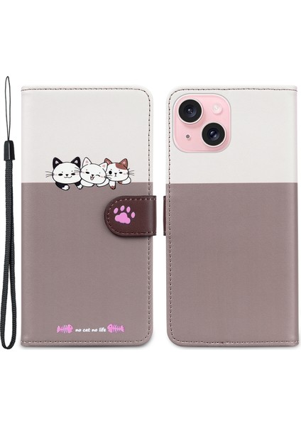 iPhone 15 Deri Kasa Renk Ekleme Cüzdan Kapağı (Yurt Dışından)