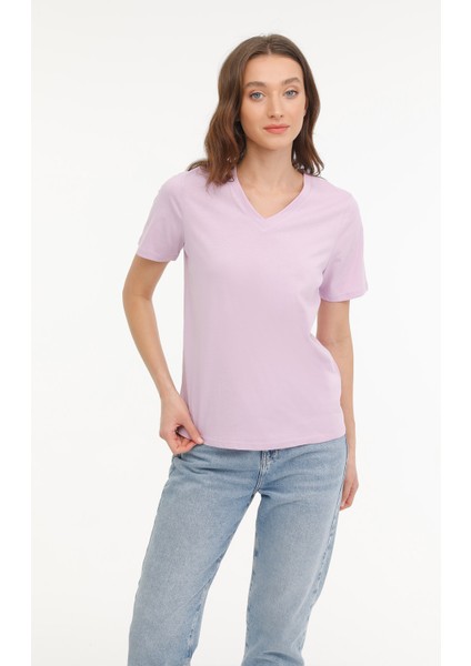 Wb V Neck 11Sn227 4Fx Açık Lila Kadın Kısa Kol T-Shirt