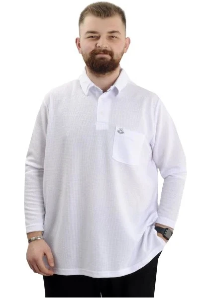 Büyük Beden Erkek Sweatshirt Polo Yaka Uzun Kol Waffle 23449 Beyaz