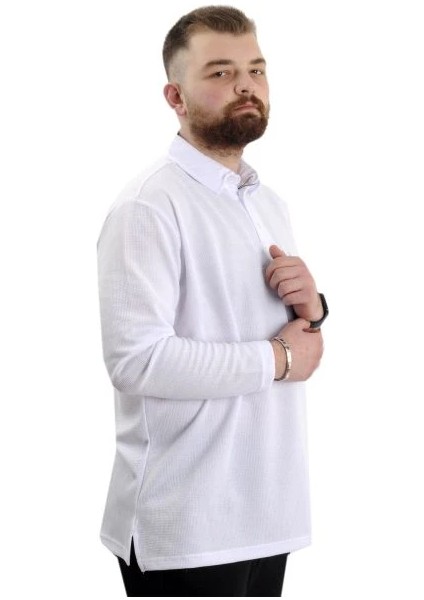 Büyük Beden Erkek Sweatshirt Polo Yaka Uzun Kol Waffle 23449 Beyaz