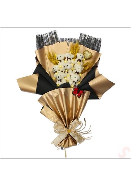 8 Pelüş Ayıcıklı, Kuru Çiçekli ve LED Işıklı Buket, 59X40CM