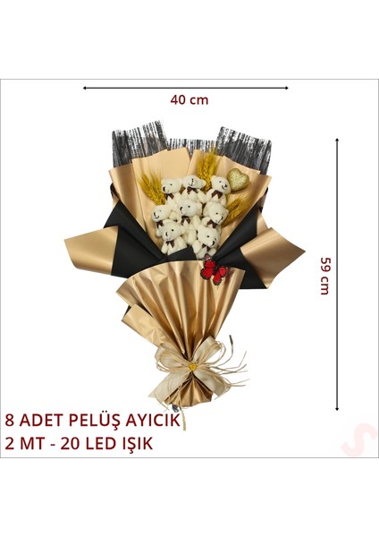 8 Pelüş Ayıcıklı, Kuru Çiçekli ve LED Işıklı Buket, 59X40CM modelleri