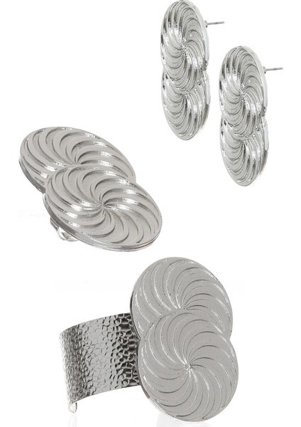 Kadın Lak Gümüş Renk Kaplama Spiral Baskılı Tasarım Küpe &yüzük &bilekik Set modelleri