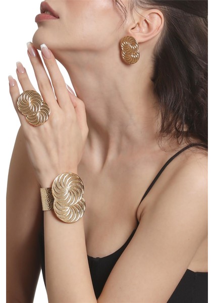 Kadın Lak Altın Renk Kaplama Spiral Baskılı Tasarım Küpe &yüzük &bilekik Set
