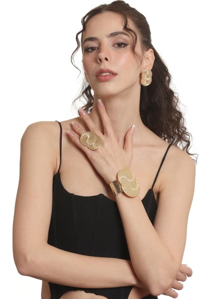 Kadın Lak Altın Renk Kaplama Spiral Baskılı Tasarım Küpe &yüzük &bilekik Set fiyatları