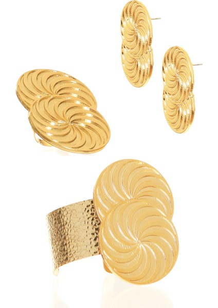 Kadın Lak Altın Renk Kaplama Spiral Baskılı Tasarım Küpe &yüzük &bilekik Set modelleri