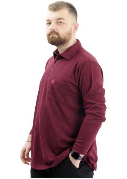 Büyük Beden Erkek Sweatshirt Polo Yaka Uzun Kol Waffle 23449 Bordo fiyatları