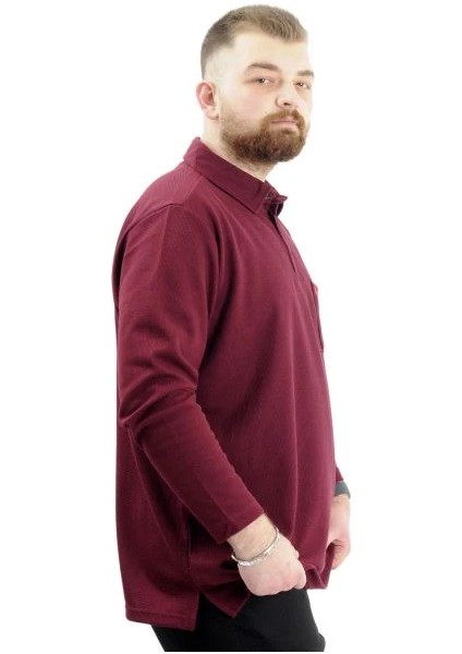 Büyük Beden Erkek Sweatshirt Polo Yaka Uzun Kol Waffle 23449 Bordo modelleri