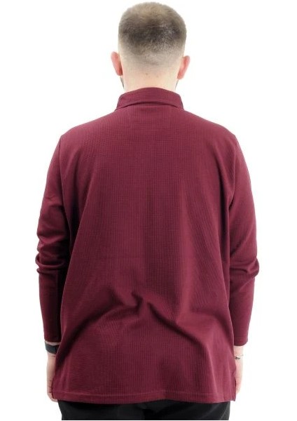 Büyük Beden Erkek Sweatshirt Polo Yaka Uzun Kol Waffle 23449 Bordo